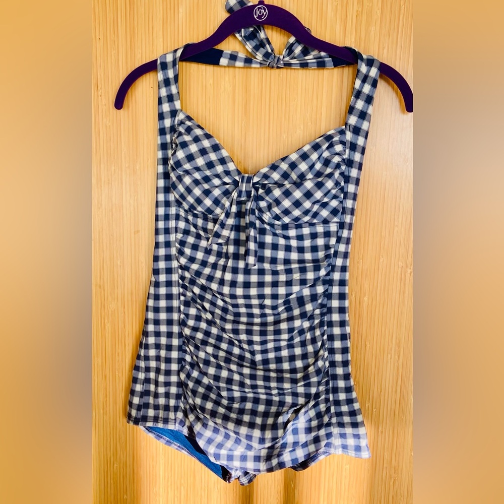 Vintage Style Navy Checkered One Piece Swimsuit